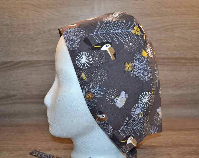 Surgical cap toucan, scrub cap, bandana, cosmetic cap, chef's hat, peeling cap, surgical caps, taupe with toucan jungle, handmade