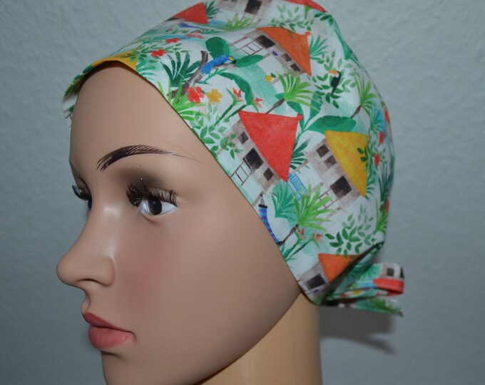 Surgical cap round hut, scrub cap, bandana, cosmetic cap, chef's hat, peeling hood, surgical caps, white with African round huts, handmade