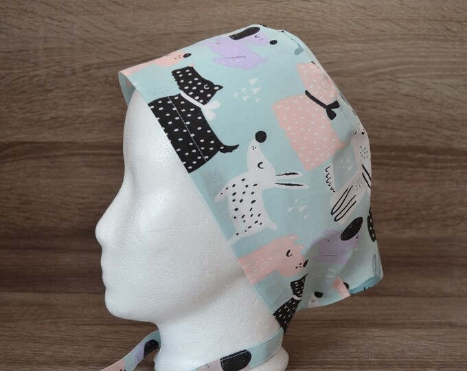 Surgical cap dog terry cloth band, scrub cap, chef's cap, bandana, peeling cap, cosmetic cap, surgical caps, light blue with dogs, handmade