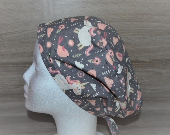 Surgical cap XL for long hair unicorn, XL scrub cap, bandana, cosmetic cap, cooking cap, peeling cap, taupe with unicorns, handmade