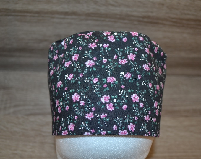 Surgical cap flower, scrub cap, bandana, cosmetic cap, peeling cap, chef's hat, surgical caps, black with flowers, handmade