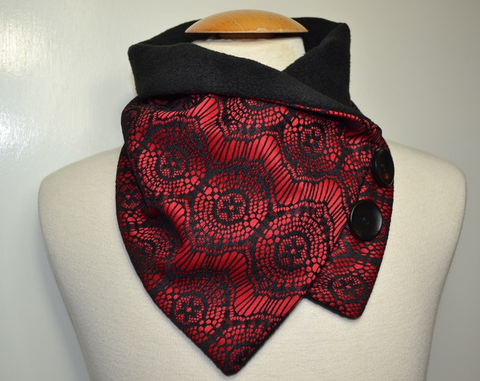 Button loop lace, button loops, loops, scarf, lace fabric red and black fleece, lace loop, wrap scarf, wrap loop, handmade