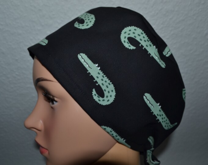 Surgical cap crocodile terry cloth band, scrub cap, bandana, scrub hat, cooking cap, cosmetic cap, surgical caps, black with crocodiles, handmade
