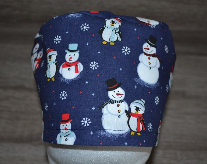 Surgical cap with snowman design, scrub cap, bandana, cosmetic cap, peeling cap, chef's hat, blue with snowmen, Christmas surgical caps, handmade