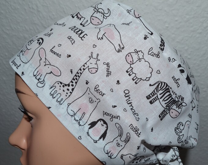 Surgical cap animals terry cloth band, scrub cap, cooking cap, bandana, peeling cap, cosmetic cap, surgical caps, white with small animals, handmade
