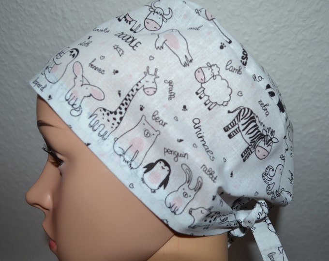 Surgical cap animals, scrub cap, bandana, cosmetic cap, chef's hat, peeling cap, surgical caps, white with small animals, handmade
