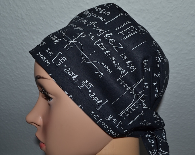 Surgical cap mathematics terry cloth band, scrub cap, cosmetic cap, cooking cap, bandana, peeling cap, black with formulas, handmade