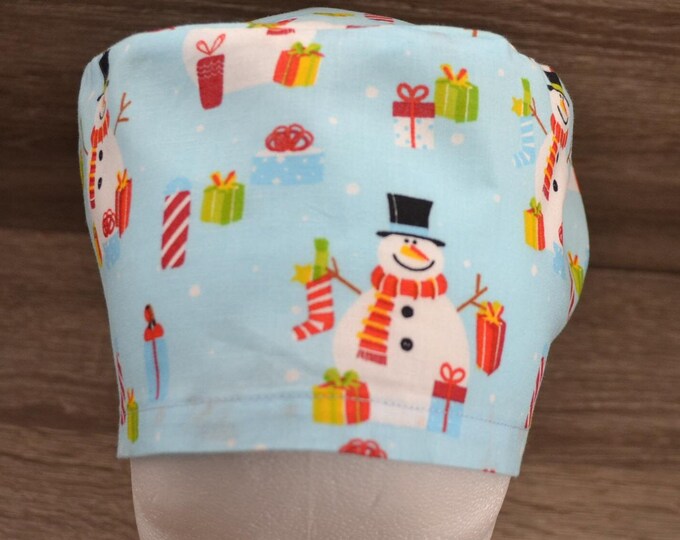Surgical cap with snowman design, scrub cap, bandana, cosmetic cap, chef's hat, blue with snowmen, Christmas surgical cap, snowman cap