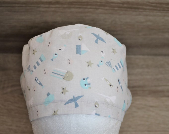 Surgical cap seagull anchor terry cloth band, scrub cap, cosmetic cap, chef's cap, bandana, peeling cap, surgical caps, gray maritime, handmade