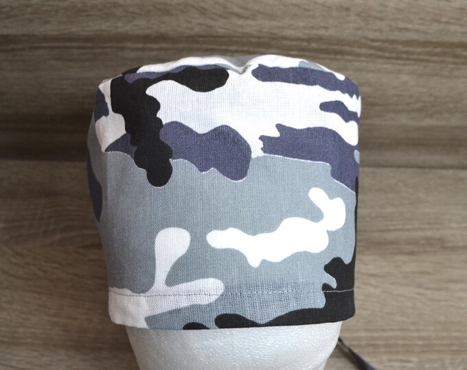 Surgical cap with terry cloth band, bandana, cosmetic cap, scrub cap, black grey camouflage, surgical hat military, surgical cap camouflage,