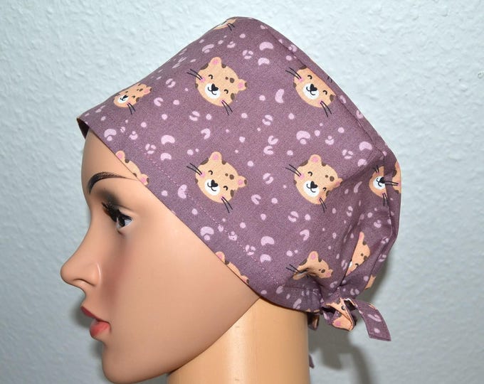 Surgical cap leopard, scrub cap, bandana, cosmetic cap, chef's cap, scrub cap, animal print leopard, purple with leopard cat, cat cap