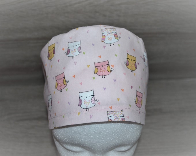 Surgical cap owl, scrub cap, bandana, cosmetic cap, peeling cap, chef's hat, surgical caps, pink with glitter owls, handmade