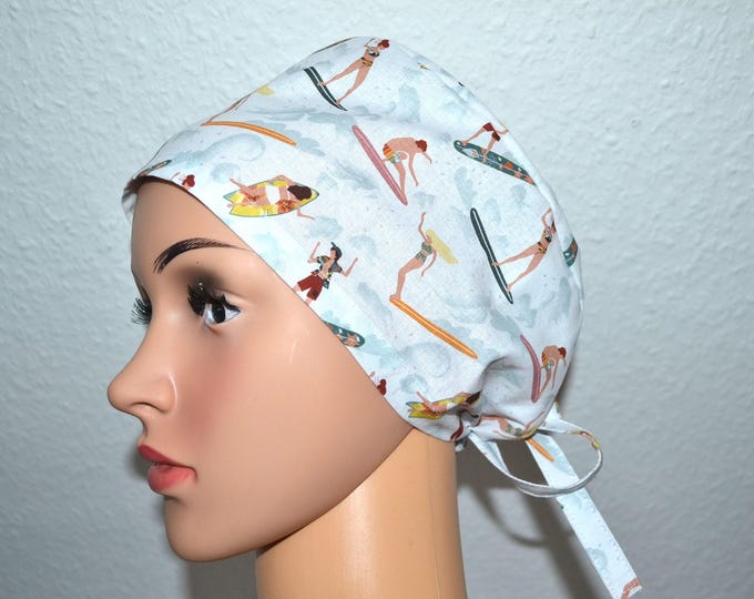 Surgical cap surfer, scrub cap, chef's cap, bandana, peeling cap, cosmetic cap, surgical cap, white with surfers, handmade