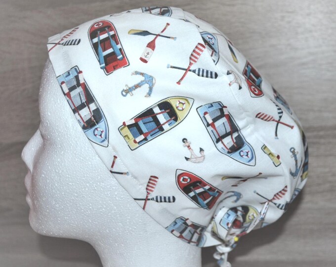 XL surgical cap boat for long hair, XL scrub cap, bandana, cosmetic cap, cooking cap, peeling cap, white with ships, handmade