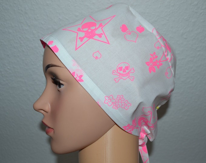 Surgical cap pink skull, scrub cap, cosmetic cap, bandana, peeling cap, cooking cap, skull, white with neon skull