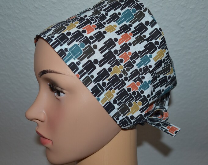 Surgical cap people terry cloth band, scrub cap, cosmetic cap, cooking cap, bandana, peeling cap, surgical caps, white with colorful people, handmade