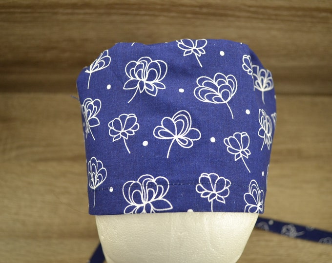 Surgical cap flower, scrub cap, bandana, cosmetic cap, chef's hat, peeling cap, surgical caps, blue with flowers, handmade
