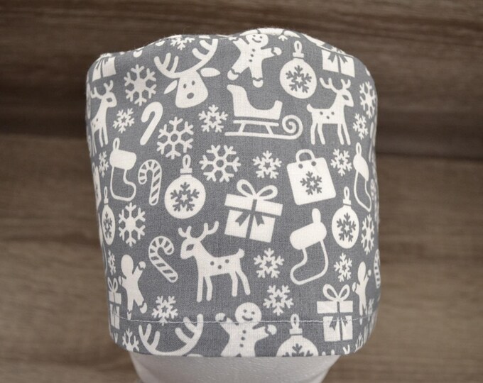 Surgical cap with Christmas motifs, terry cloth band, scrub cap, bandana, cosmetic cap, chef's hat, grey with sleigh and moose, Christmas surgical caps