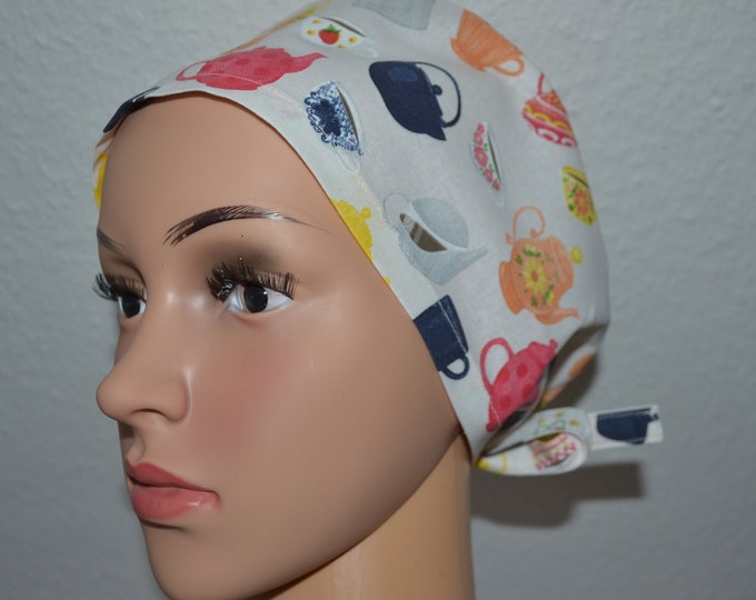 Surgical cap coffee pot, scrub cap, bandana, chef's hat, scrub hat, cosmetic cap, surgical caps, white with coffee pots, handmade