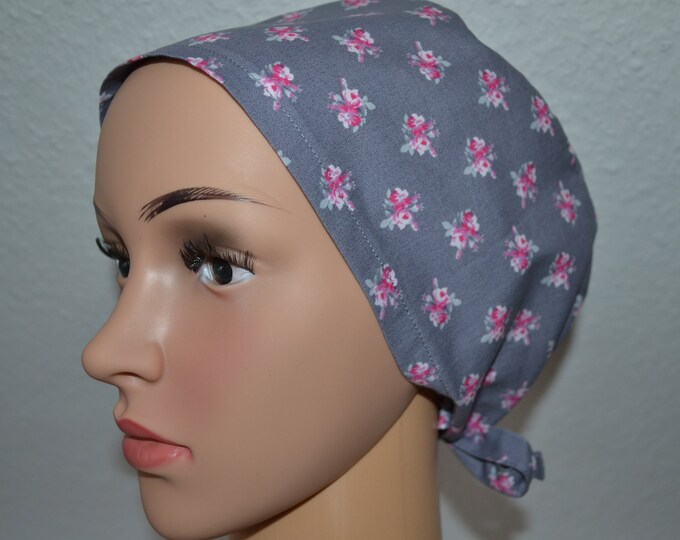 Surgical cap rose terry cloth band, scrub cap, cosmetic cap, cooking cap, bandana, peeling cap, gray with florets, handmade