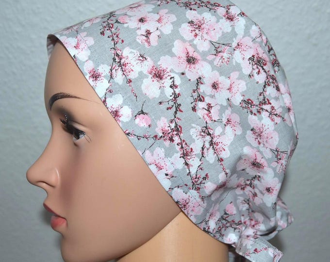 Surgical cap with cherry blossoms, scrub cap, bandana, cosmetic cap, chef's cap, peeling cap, floral cap, grey surgical cap with flowers, almond blossom cap