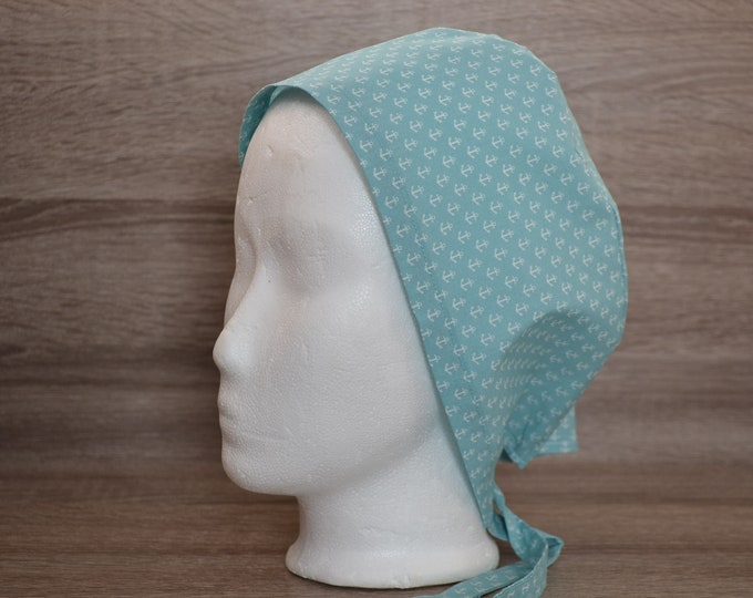 Surgical cap anchor with terry cloth band, scrub cap, bandana, cosmetic cap, chef's cap, cap with sweatband, mint with anchors maritime, handmade