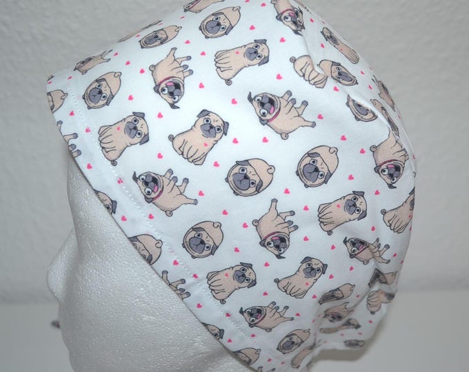 Surgical cap for pugs, scrub cap, chef's cap, bandana, peeling cap, cosmetic cap, surgical caps, white with pugs, dog cap