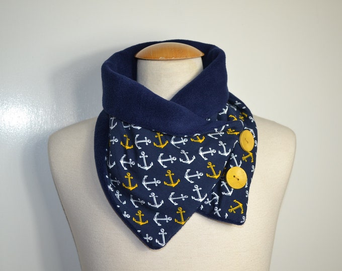 Blue anchor button loop scarf, loops, scarf, blue with yellow anchors, blue fleece, anchor loop scarf, nautical scarf, blue wrap scarf, nautical button loop scarf