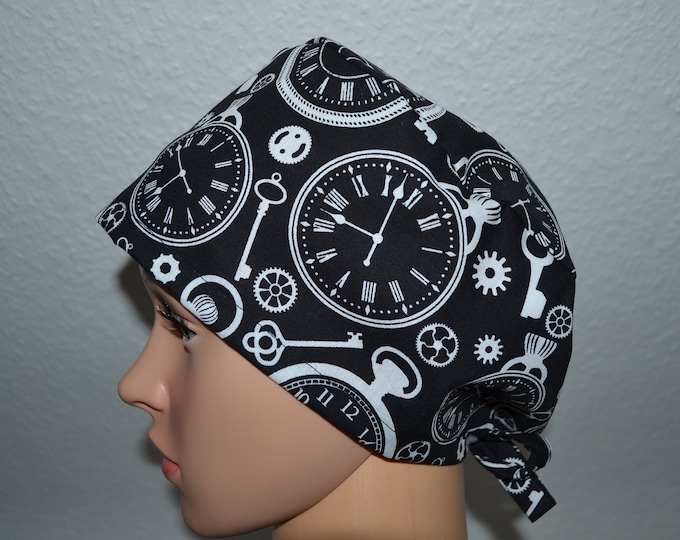 Surgical cap watch, scrub cap, bandana, cosmetic cap, chef's hat, peeling cap, surgical caps, black with pocket watch, handmade