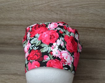 OP-Haube Rose mit Frotteeband,  Scrub Cap, Bandana , Kosmetikhaube, Peelinghaube , Kochmütze, OP-Hauben, schwarz mit Rosen , handmade