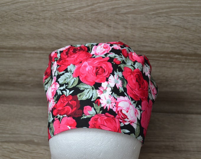 Surgical cap rose with terry cloth band, scrub cap, bandana, cosmetic cap, peeling cap, chef's hat, surgical caps, black with roses, handmade