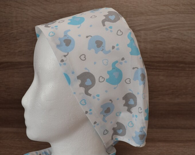 Surgical cap elephant, scrub cap, bandana, cosmetic cap, chef's hat, peeling cap, surgical cap elephants, white with blue elephants, handmade