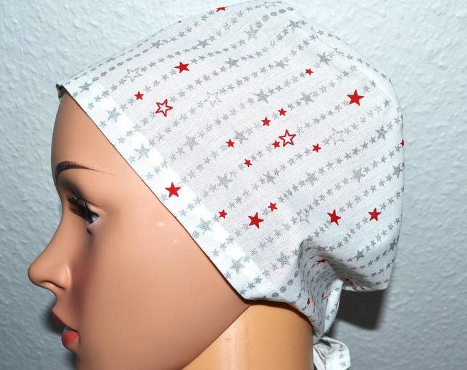 Surgical cap with stars, terry cloth band, scrub cap, bandana, cosmetic cap, chef's hat, white with silver stars, star cap, Christmas cap