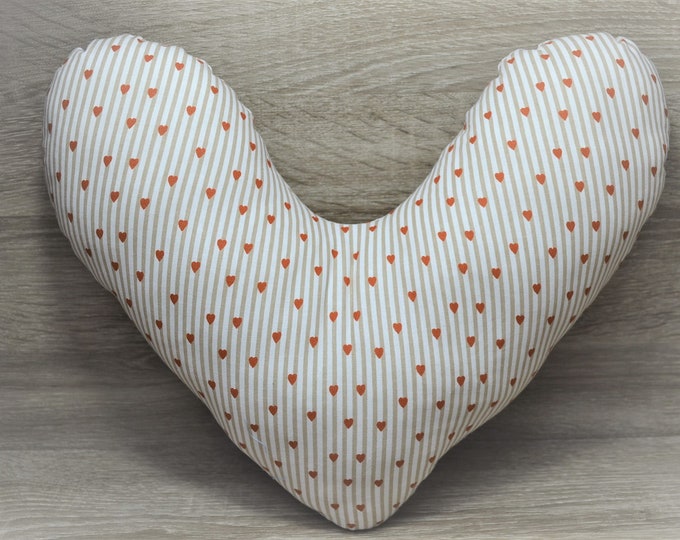 Heart pillow, chest heart pillow, mastectomy pillow, forearm pillow, breast surgery pillow, beige striped with hearts, handmade