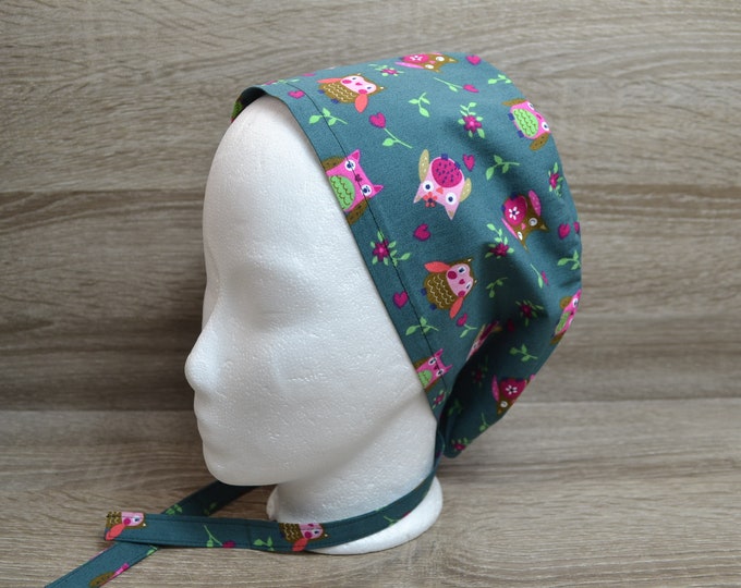 Surgical cap owl with terry cloth band, scrub cap, bandana, peeling cap, chef's cap, cosmetic cap, surgical caps, green with owls, handmade