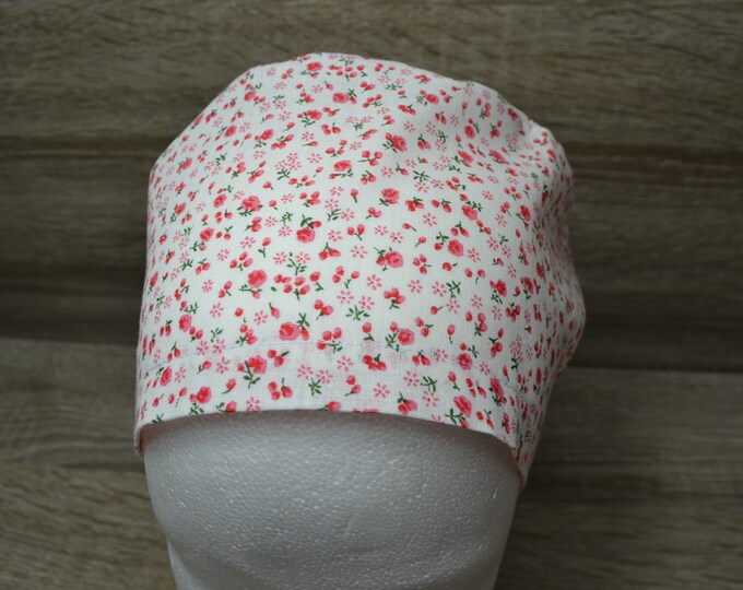 Surgical cap flowers with terry cloth band, scrub cap, bandana, peeling cap, chef's cap, cosmetic cap, surgical caps, white with flowers, handmade