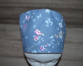 OP-Haube Blume , Scrub Cap, Bandana, Kosmetikhaube, Kochmütze, Peelinghaube, OP-Hauben, blau mit Blüten , handmade