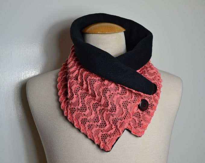 Button loop lace, button loops, loops, scarf, lace fabric coral and black fleece, lace loop, wrap scarf, wrap loop, handmade