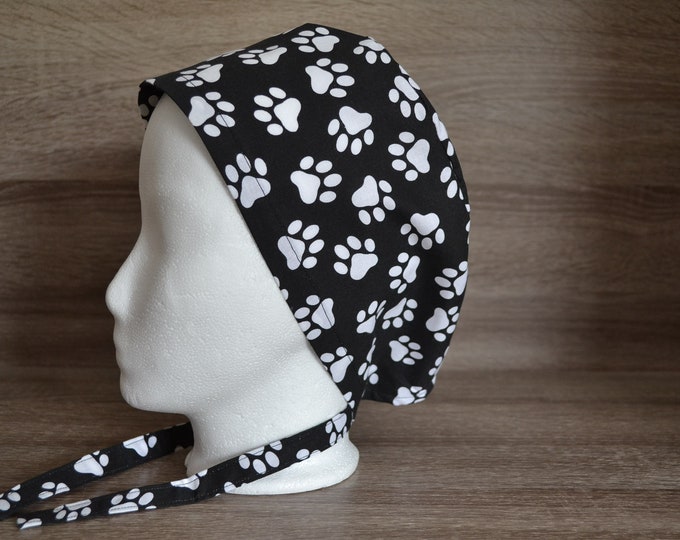 Surgical cap paw terry band, scrub cap, cosmetic cap, chef's cap, bandana, peeling cap, surgical caps, black with paws, handmade