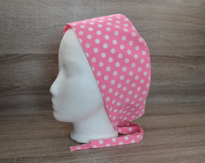Surgical hood with terry cloth strap, bandana, cooking hood, cosmetic hood, peeling cap, pink with dots, handmade