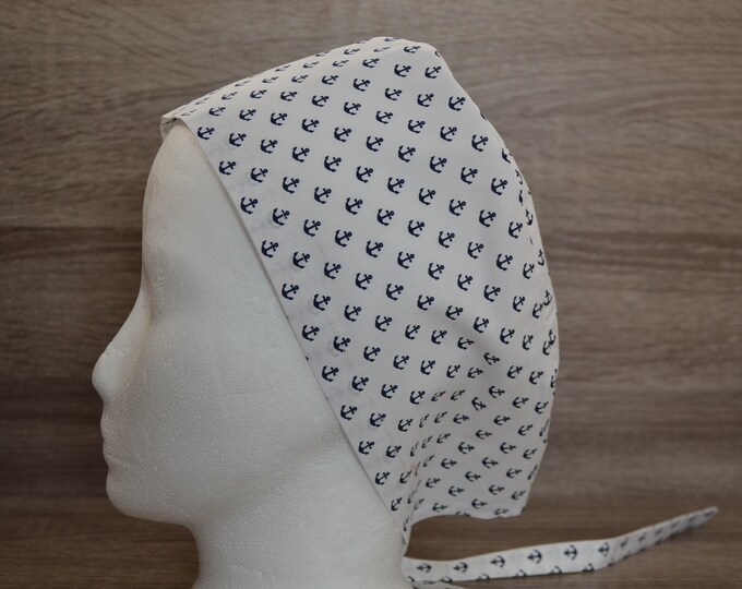 Surgical cap anchor maritime, scrub cap, bandana, cosmetic cap, chef's cap, peeling cap, white with blue anchors, handmade