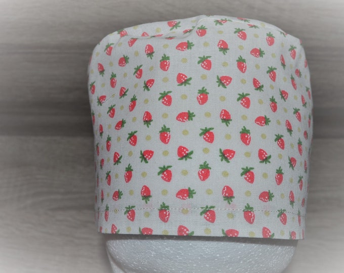 Surgical cap strawberry with terry cloth band, scrub cap, bandana, peeling cap, chef's cap, cosmetic cap, surgical caps, beige with strawberries, handmade