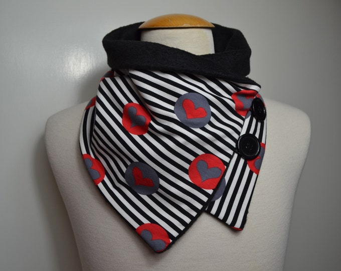 Button loop hearts, button loops, loops, scarf, scarf with buttons, cotton jersey black fleece, striped button loop, loop, handmade