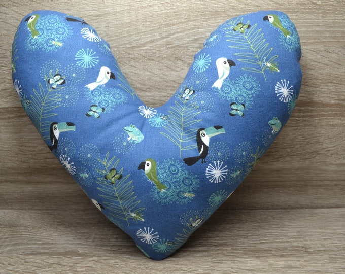 Heart pillow, breast heart pillow, mastectomy pillow, forearm pillow, breast surgery pillow, blue with toucan, handmade