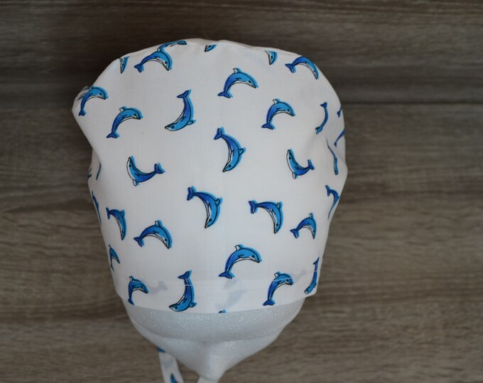 Surgical cap dolphin, bandana, scrub cap, cosmetic cap, chef's cap, peeling cap, white with dolphins, maritime, handmade