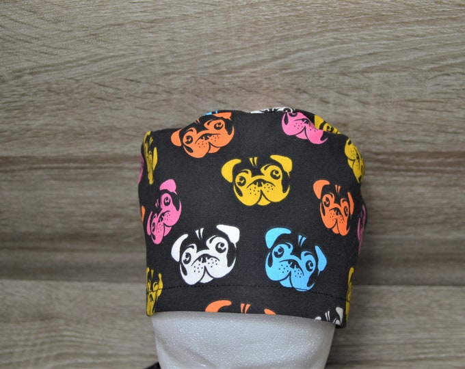 Surgical cap dog, scrub cap, bandana, peeling cap, cosmetic cap, chef's hat, surgical caps, black with colorful dogs, handmade