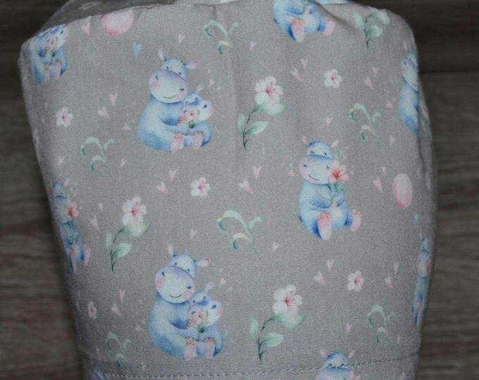 Surgical cap hippo terry cloth band, scrub cap, cosmetic cap, cooking cap, bandana, peeling cap, surgical cap, grey with hippos, handmade