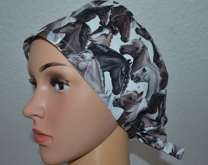 Surgical cap horse terry band, scrub cap, cosmetic cap, cooking cap, bandana, peeling cap, white with horses, handmade
