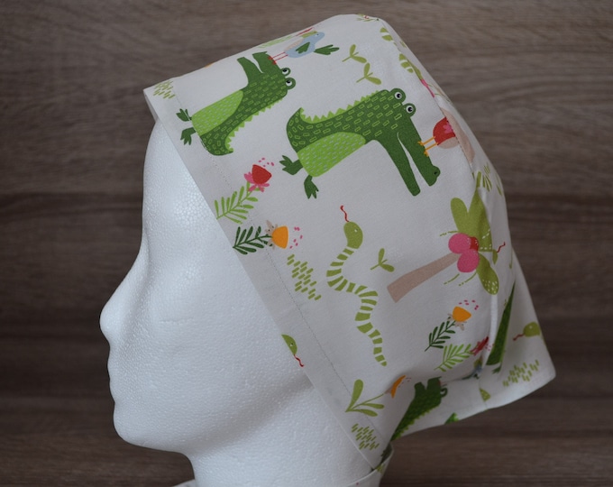 Surgical cap crocodile terry cloth band, scrub cap, bandana, peeling cap, chef's cap, cosmetic cap, surgical caps, light beige with crocodiles, handmade