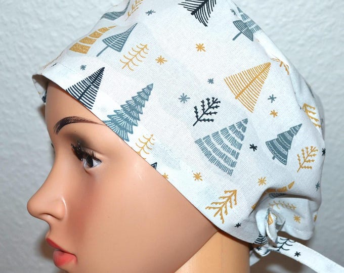 Surgical cap Christmas tree, scrub cap, bandana, cosmetic cap, chef's hat, white with fir trees, surgical caps Christmas, winter forest